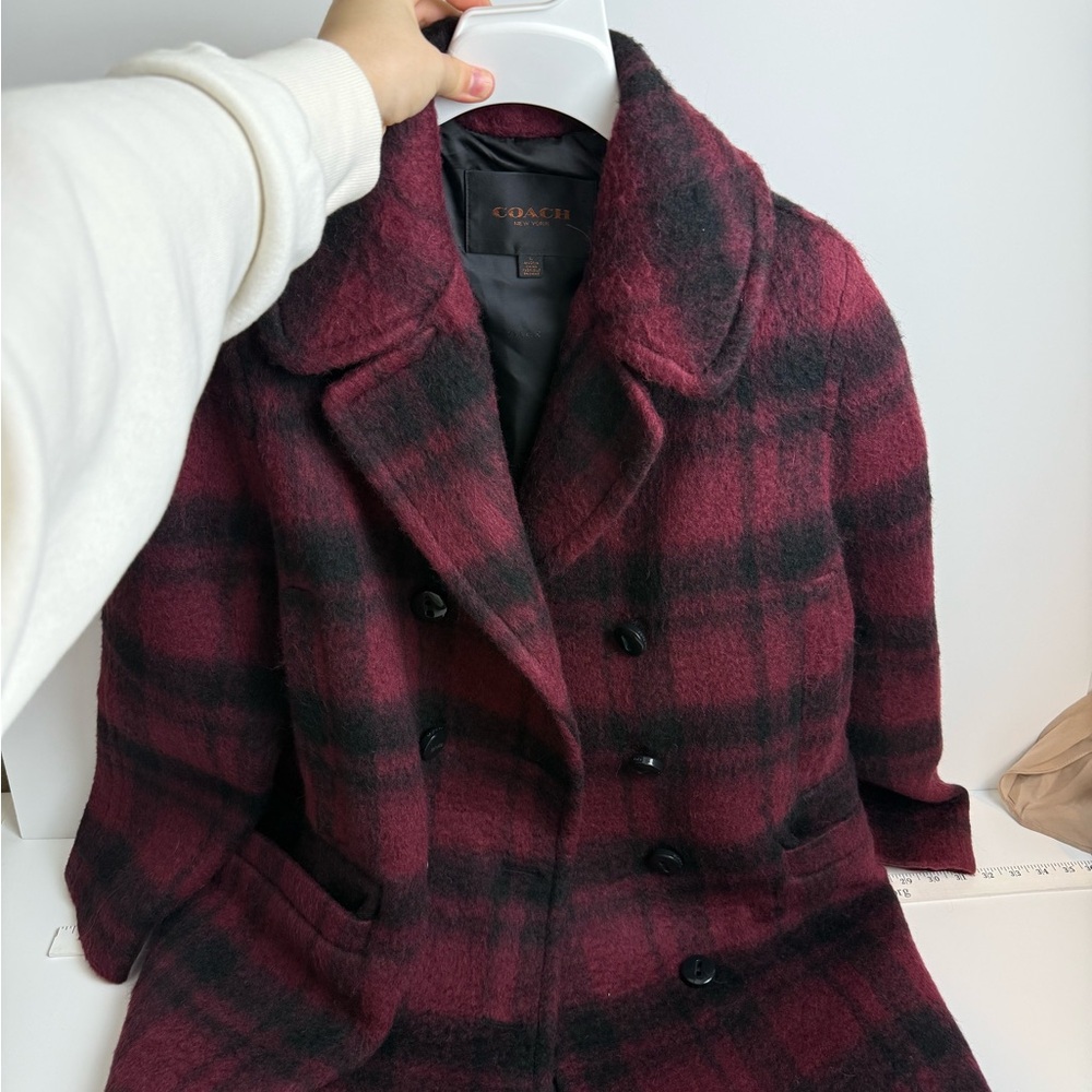 Coach Women's Burgundy and Black Plaid Pea Coat